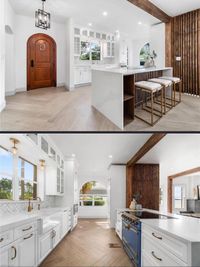 Contemporary kitchen design showcasing a dual-angle view with sleek white cabinetry, gold accents, and a custom-built marble island, perfect for entertaining and cooking.